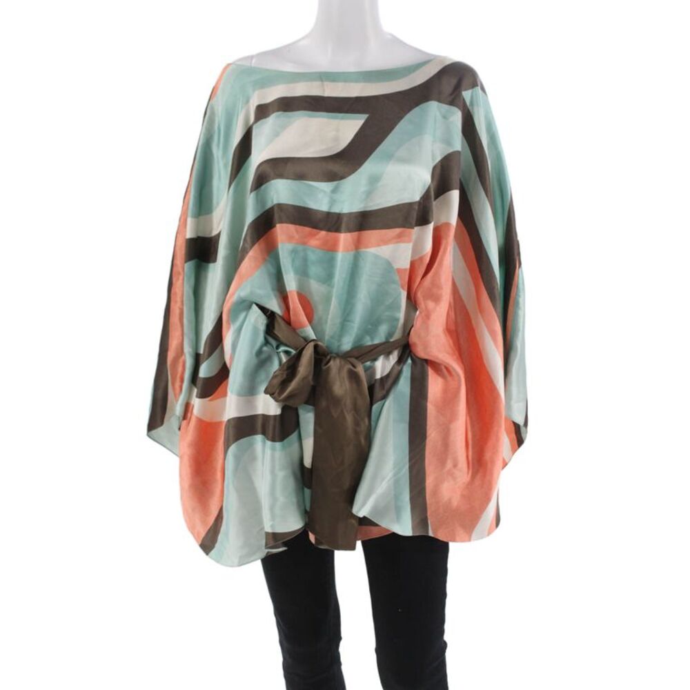 Daslu Women Silk Multicolor Tunic Boat Neck 3/4 Sleeve Geometric Tie Size 36